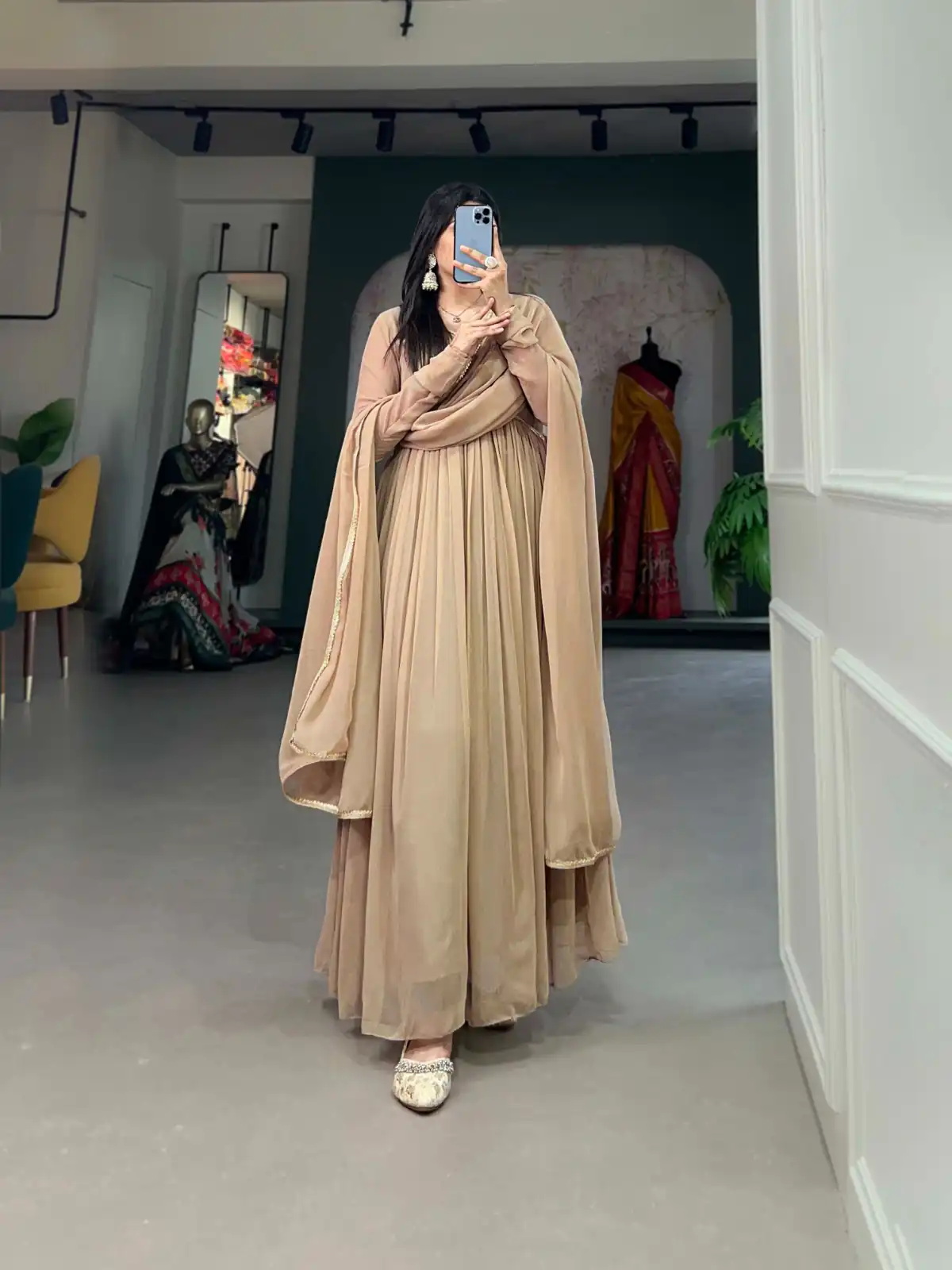 YNF 5102 Chiku Color Georgette Plain Sequins Embroidery Lace Gown Casual, Wedding, Festive, Events . Expected Delivery  4-6 Working Days @1749/- only      | Gowns, Bollywood Gowns, Creative Gowns, Designer Gowns, Embroidered Gowns, Party Wear Gowns