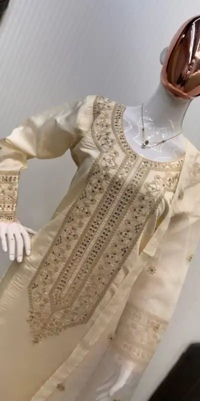 LG 1913 Cream Color Roman Silk Sequence Embroidery Work Salwar Suit Casual, Wedding, Festive, Events . Expected Delivery  4-6 Working Days @1999/- only      | Jump Suits, Salwar suit, Designer Suits, Casual Suits, Creative suits, Palazzo Suits, Party Wear Suits, Patiala Suits, Straight Suits