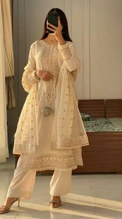 LG 1913 Cream Color Roman Silk Sequence Embroidery Work Salwar Suit Casual, Wedding, Festive, Events . Expected Delivery  4-6 Working Days @1999/- only      | Jump Suits, Salwar suit, Designer Suits, Casual Suits, Creative suits, Palazzo Suits, Party Wear Suits, Patiala Suits, Straight Suits
