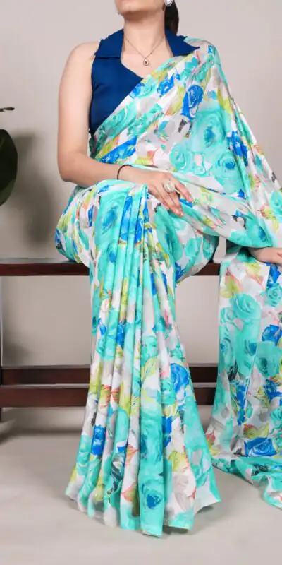 YNF 7017 Firozi Color Dull Satin Floral Printed Saree Casual, Wedding, Festive, Events . Expected Delivery  4-6 Working Days @1499/- only                                                                                | Sarees, Bollywood Sarees, Creative Sarees, Designer Sarees, Embroidered Sarees, Ethnic Saree, Modern Digital sarees, Party Wear Sarees