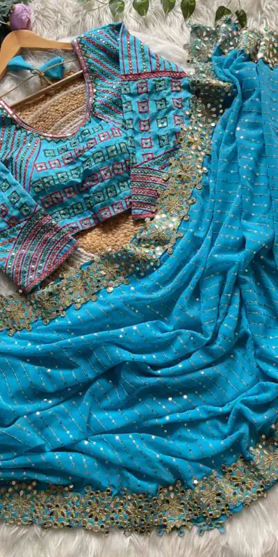 DF 3453 Firozi Color Faux Georgette 5mm Sequence Work Casual, Wedding, Festive, Events . Expected Delivery  4-6 Working Days @2099/- only                                                                                | Sarees, Bollywood Sarees, Creative Sarees, Designer Sarees, Embroidered Sarees, Ethnic Saree, Modern Digital sarees, Party Wear Sarees