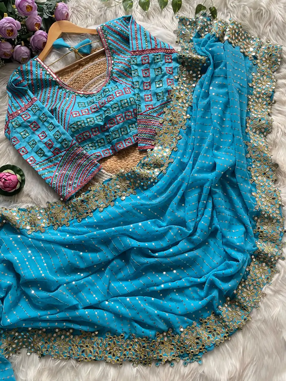 DF 3453 Firozi Color Faux Georgette 5mm Sequence Work Casual, Wedding, Festive, Events . Expected Delivery  4-6 Working Days @2099/- only                                                                                | Sarees, Bollywood Sarees, Creative Sarees, Designer Sarees, Embroidered Sarees, Ethnic Saree, Modern Digital sarees, Party Wear Sarees