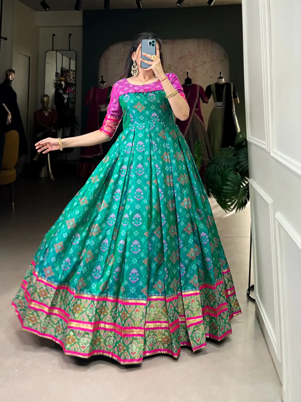 YNF 5308 Firozi Color Jacquard Silk Patola Print Zari Weaving Work Gown Casual, Wedding, Festive, Events . Expected Delivery  4-6 Working Days @2149/- only      | Gowns, Bollywood Gowns, Creative Gowns, Designer Gowns, Embroidered Gowns, Party Wear Gowns