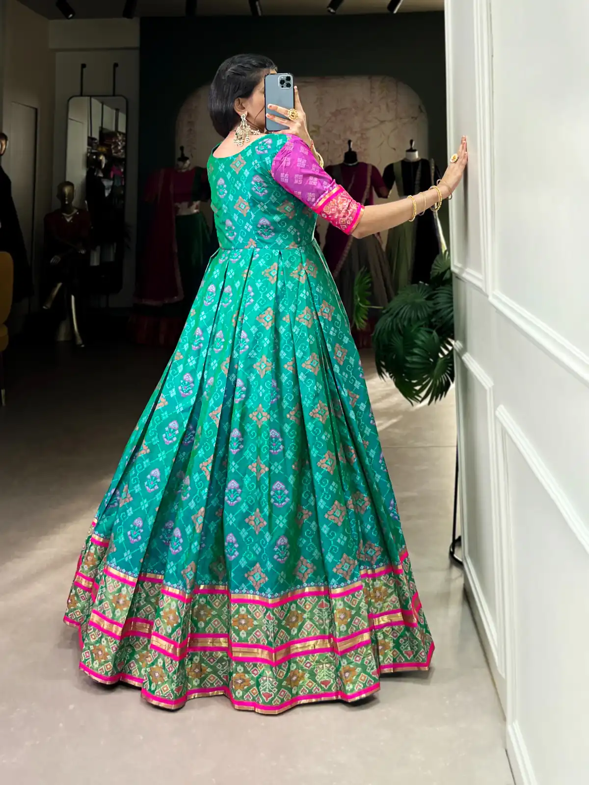 YNF 5308 Firozi Color Jacquard Silk Patola Print Zari Weaving Work Gown Casual, Wedding, Festive, Events . Expected Delivery  4-6 Working Days @2149/- only      | Gowns, Bollywood Gowns, Creative Gowns, Designer Gowns, Embroidered Gowns, Party Wear Gowns