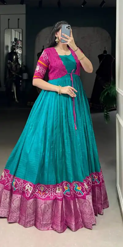 YNF 5028 Firozi Color Tasar Chex Patola With Weaving Work Border Gown Casual, Wedding, Festive, Events . Expected Delivery  4-6 Working Days @1799/- only      | Gowns, Bollywood Gowns, Creative Gowns, Designer Gowns, Embroidered Gowns, Party Wear Gowns