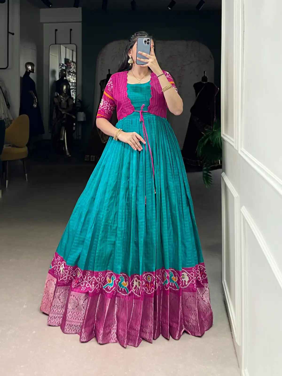 YNF 5028 Firozi Color Tasar Chex Patola With Weaving Work Border Gown Casual, Wedding, Festive, Events . Expected Delivery  4-6 Working Days @1799/- only      | Gowns, Bollywood Gowns, Creative Gowns, Designer Gowns, Embroidered Gowns, Party Wear Gowns