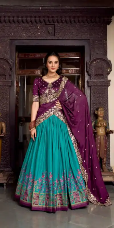 LNB 1238 Firozi Color Tasar Silk Printed With Foil Work Lehenga Choli Festive Party Wedding, Events etc. Delivery 4-6 Working Days @2999/- | Lehenga, Bollywood Lehenga, Creative Lehenga, Designer Lehenga, Embroidered Lehenga, Party Wear Lehenga