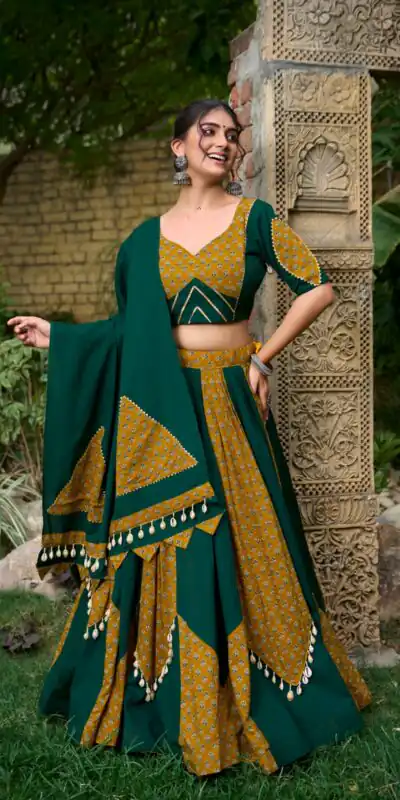 LNB 1620 Green Color Pure Cotton Plain Printed With Cowrie Lace Lehenga Choli Wedding, Party, Festive, Events Etc. Delivery 4-6 Working Days Rs 3699 | Lehenga, Bollywood Lehenga, Creative Lehenga, Designer Lehenga, Embroidered Lehenga, Party Wear Lehenga