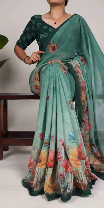 YNF 7009 Green Color Georgette Floral Print With Lace Border Saree Casual, Wedding, Festive, Events . Expected Delivery  4-6 Working Days @1299/- only                                                                                | Sarees, Bollywood Sarees, Creative Sarees, Designer Sarees, Embroidered Sarees, Ethnic Saree, Modern Digital sarees, Party Wear Sarees