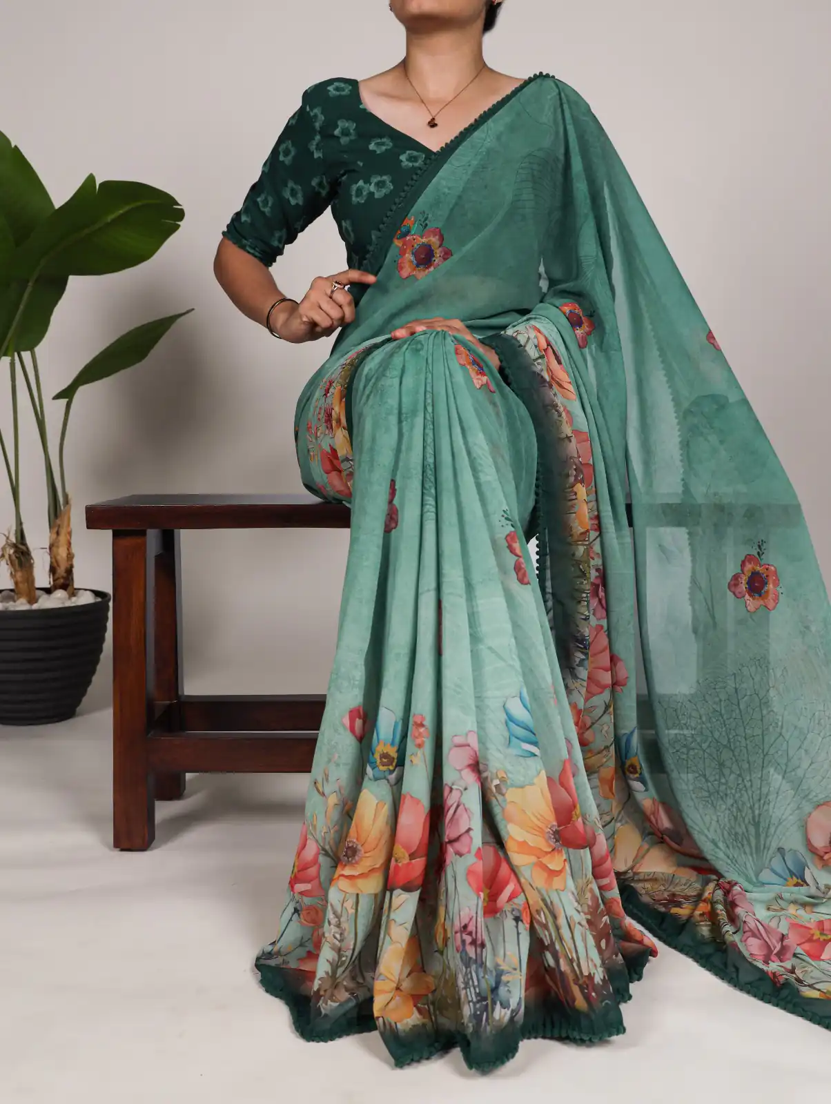 YNF 7009 Green Color Georgette Floral Print With Lace Border Saree Casual, Wedding, Festive, Events . Expected Delivery  4-6 Working Days @1299/- only                                                                                | Sarees, Bollywood Sarees, Creative Sarees, Designer Sarees, Embroidered Sarees, Ethnic Saree, Modern Digital sarees, Party Wear Sarees