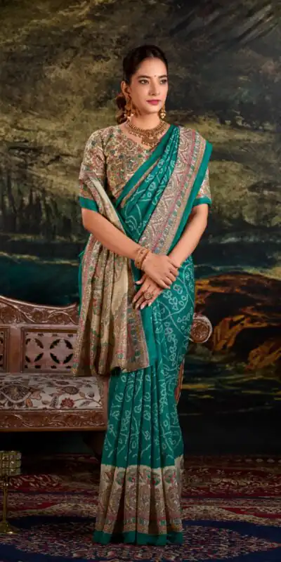 YNF 7209 Green Color Green Silk Fusion Print Madhubani Bandhej Saree Casual, Wedding, Festive, Events . Expected Delivery  4-6 Working Days @1499/- only                                                                                | Sarees, Bollywood Sarees, Creative Sarees, Designer Sarees, Embroidered Sarees, Ethnic Saree, Modern Digital sarees, Party Wear Sarees