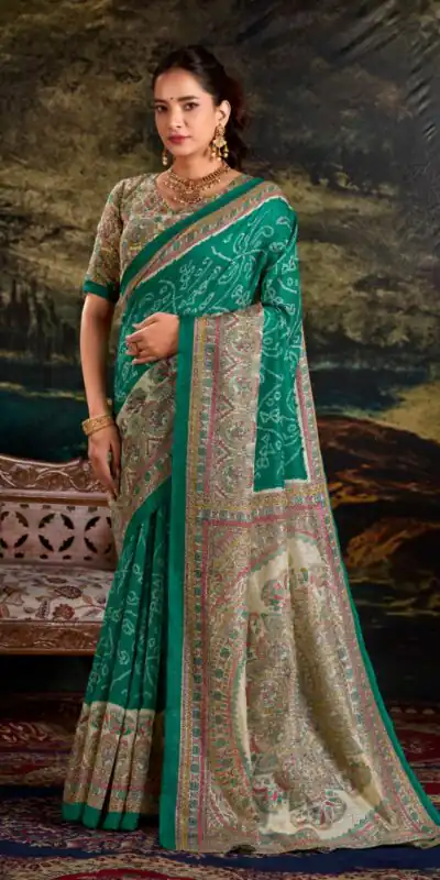 YNF 7209 Green Color Green Silk Fusion Print Madhubani Bandhej Saree Casual, Wedding, Festive, Events . Expected Delivery  4-6 Working Days @1499/- only                                                                                | Sarees, Bollywood Sarees, Creative Sarees, Designer Sarees, Embroidered Sarees, Ethnic Saree, Modern Digital sarees, Party Wear Sarees