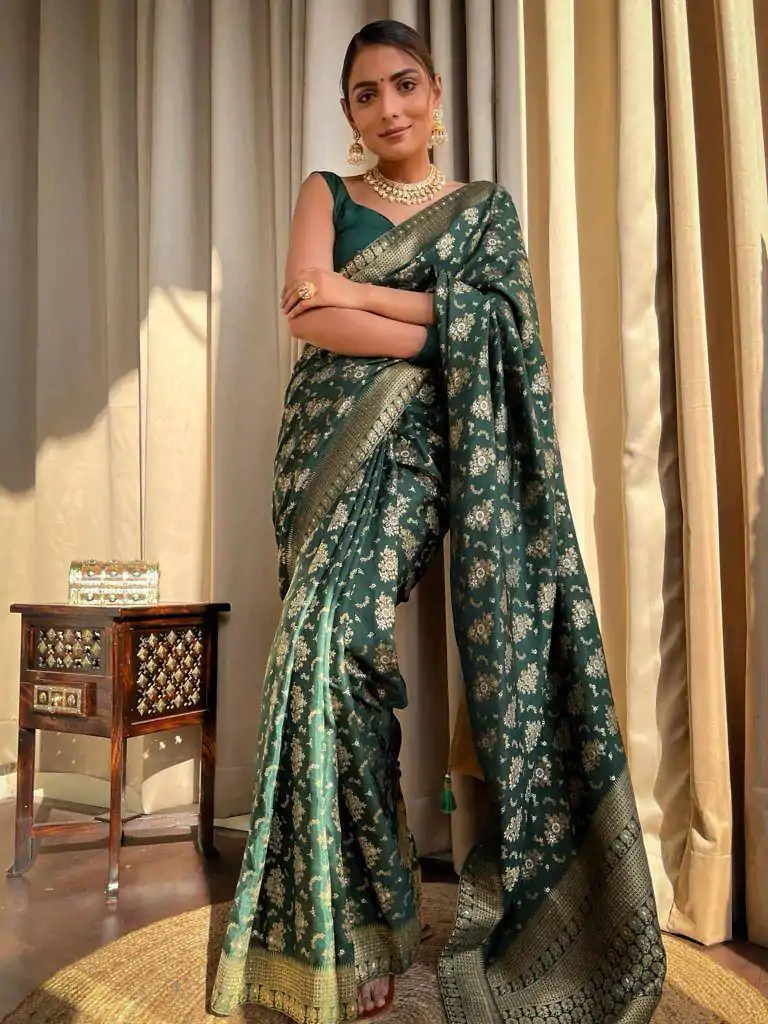 KP 5079 Green Color Soft Lichi Silk Jacquard On All Over Saree Casual, Party Wear, Wedding, Events Etc. Expected Delivery 4-6 Working Days @1449/- | Sarees, Bollywood Sarees, Creative Sarees, Designer Sarees, Embroidered Sarees, Ethnic Saree, Modern Digital sarees, Party Wear Sarees