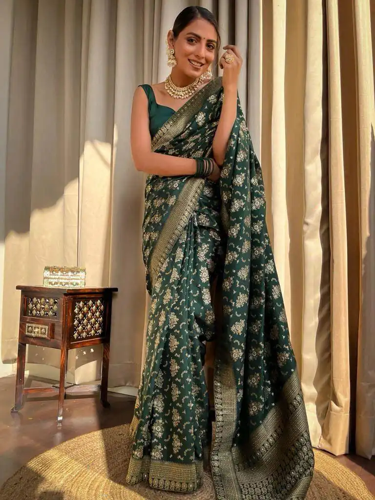 KP 5079 Green Color Soft Lichi Silk Jacquard On All Over Saree Casual, Party Wear, Wedding, Events Etc. Expected Delivery 4-6 Working Days @1449/- | Sarees, Bollywood Sarees, Creative Sarees, Designer Sarees, Embroidered Sarees, Ethnic Saree, Modern Digital sarees, Party Wear Sarees