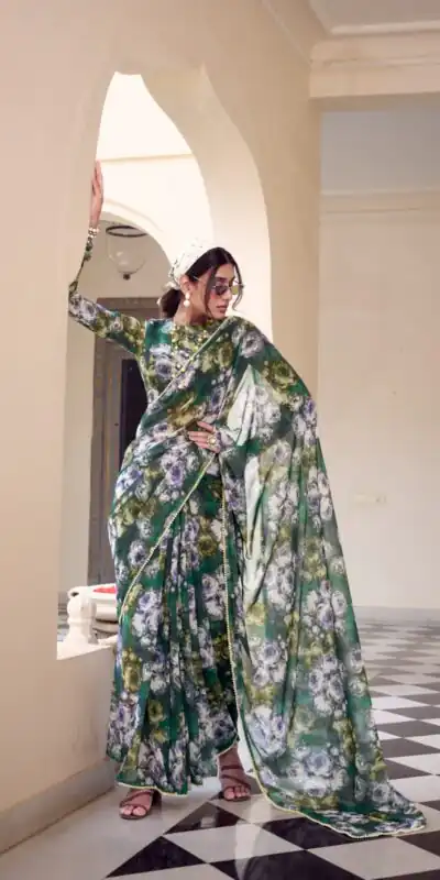 YNF 7042 Green Color Weightless Marbal Floral Printed Lace Border Saree Casual, Wedding, Festive, Events . Expected Delivery  4-6 Working Days @1549/- only                                                                                | Sarees, Bollywood Sarees, Creative Sarees, Designer Sarees, Embroidered Sarees, Ethnic Saree, Modern Digital sarees, Party Wear Sarees