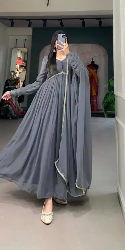 YNF 5102 Grey Color Georgette Plain Sequins Embroidery Lace Gown Casual, Wedding, Festive, Events . Expected Delivery  4-6 Working Days @1749/- only      | Gowns, Bollywood Gowns, Creative Gowns, Designer Gowns, Embroidered Gowns, Party Wear Gowns