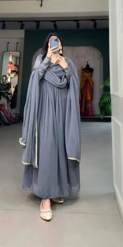 YNF 5102 Grey Color Georgette Plain Sequins Embroidery Lace Gown Casual, Wedding, Festive, Events . Expected Delivery 4-6 Working Days @1749/- only | Gowns, Bollywood Gowns, Creative Gowns, Designer Gowns, Embroidered Gowns, Party Wear Gowns