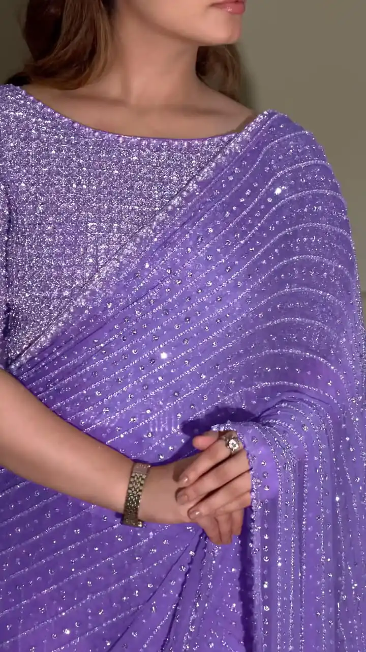 YNF 3452 -DF 3452 Lavender Color Georgette Sequins Multy Embroidery Work Saree Casual, Wedding, Festive, Events . Expected Delivery  4-6 Working Days @1799/-                                                                                 | Sarees, Bollywood Sarees, Creative Sarees, Designer Sarees, Embroidered Sarees, Ethnic Saree, Modern Digital sarees, Party Wear Sarees