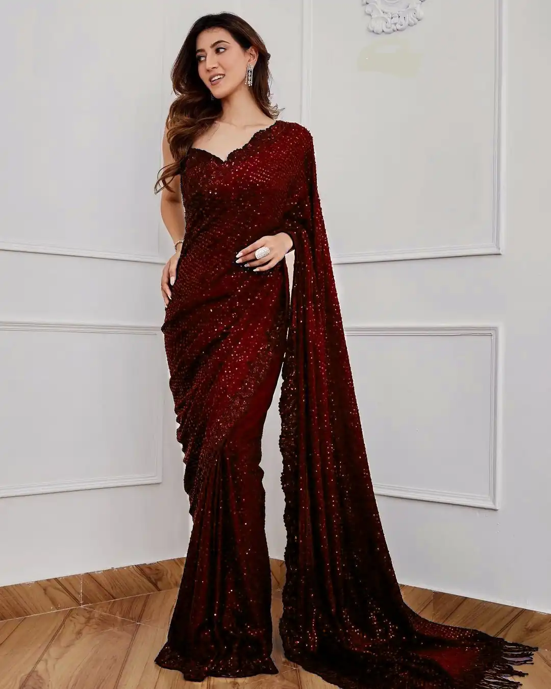 DF 3312 Maroon Color Faux Georgette 5mm Sequence Embroidery Work Saree Casual, Wedding, Festive, Events . Expected Delivery  4-6 Working Days @1899/- only                                                 | Sarees, Bollywood Sarees, Creative Sarees, Designer Sarees, Embroidered Sarees, Ethnic Saree, Modern Digital sarees, Party Wear Sarees