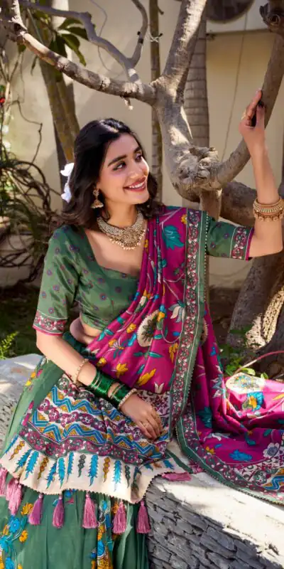 LNB 1236 Mehendi Color Tasar Silk Kalamkari Print With Foil Work Lehenga Choli Wedding, Party, Festive, Events Etc. Delivery 4-6 Working Days Rs 2449 | Lehenga, Bollywood Lehenga, Creative Lehenga, Designer Lehenga, Embroidered Lehenga, Party Wear Lehenga