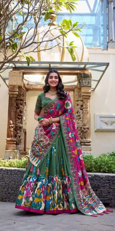 LNB 1236 Mehendi Color Tasar Silk Kalamkari Print With Foil Work Lehenga Choli Wedding, Party, Festive, Events Etc. Delivery 4-6 Working Days Rs 2449 | Lehenga, Bollywood Lehenga, Creative Lehenga, Designer Lehenga, Embroidered Lehenga, Party Wear Lehenga