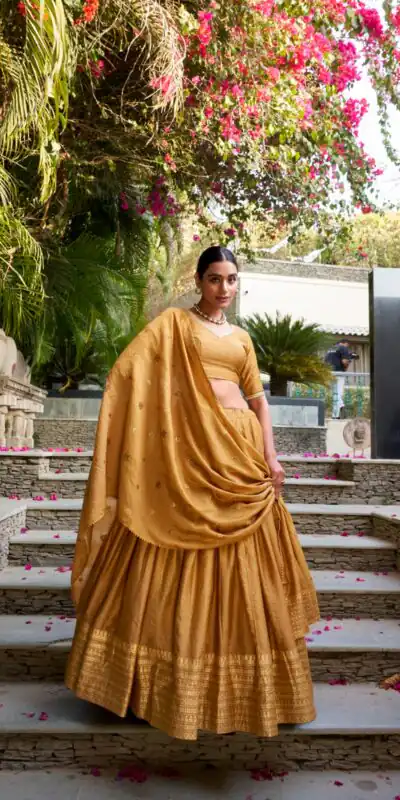 LNB 1906 Mustard Pure Chanderi Plain With Zari Weaving Work Border Lehenga Choli Wedding, Party, Festive, Events Etc. Delivery 4-6 Working Days Rs 1999 | Lehenga, Bollywood Lehenga, Creative Lehenga, Designer Lehenga, Embroidered Lehenga, Party Wear Lehenga