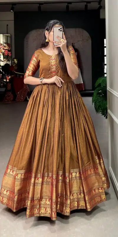 YNF 5316 Mustard Color Narayan pet (cotton) Zari weaving work Gown Casual, Wedding, Festive, Events . Expected Delivery  4-6 Working Days @1799/- only      | Gowns, Bollywood Gowns, Creative Gowns, Designer Gowns, Embroidered Gowns, Party Wear Gowns