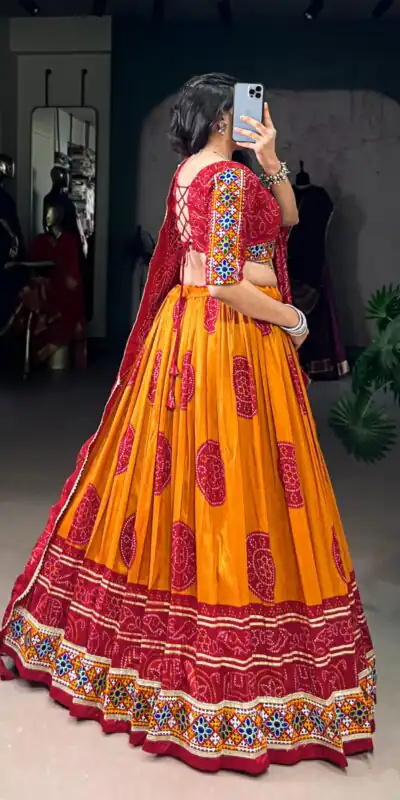 LNB 1736 Mustard Color Tasar Silk Bandhej Print And Gamthi Work Lehenga Choli Wedding, Party, Festive, Events Etc. Delivery 4-6 Working Days Rs 3499 | Lehenga, Bollywood Lehenga, Creative Lehenga, Designer Lehenga, Embroidered Lehenga, Party Wear Lehenga