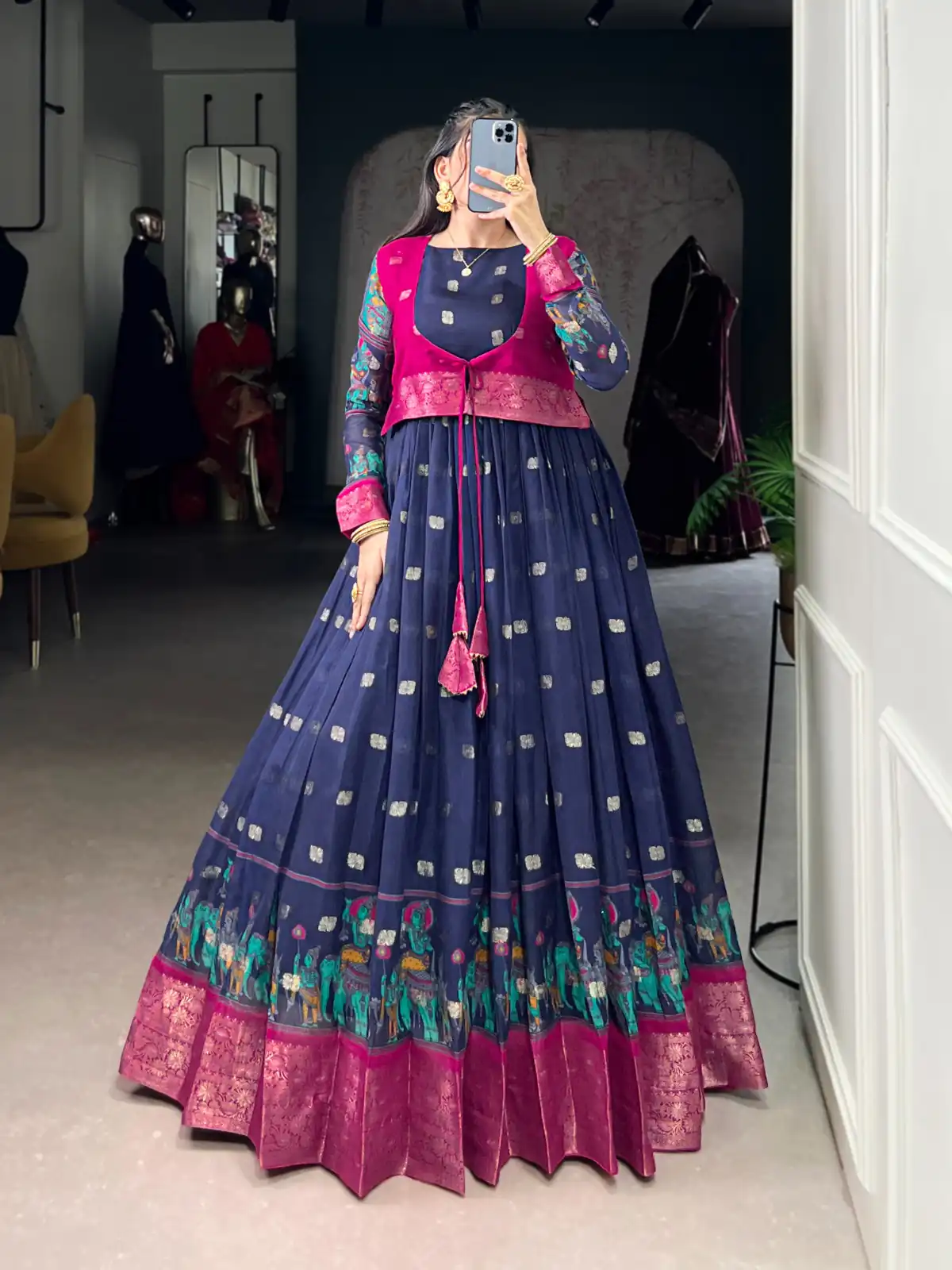 YNF 5031 Navy Blue Color Cotton Kalamkari Print Zari Weaving Work Gown Casual, Wedding, Festive, Events . Expected Delivery  4-6 Working Days @1999/- only      | Gowns, Bollywood Gowns, Creative Gowns, Designer Gowns, Embroidered Gowns, Party Wear Gowns