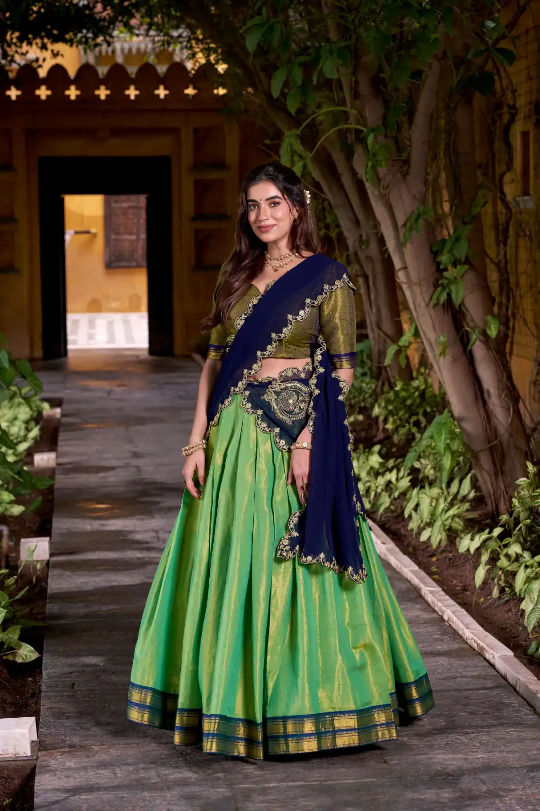 LNB 2009 Navy Blue Elevate your style with the Navy Blue Kanchipuram Weaving Lehenga Choli, featuring stunning zari work and a comfortable drawstring fit. | Lehenga, Bollywood Lehenga, Creative Lehenga, Designer Lehenga, Embroidered Lehenga, Party Wear Lehenga