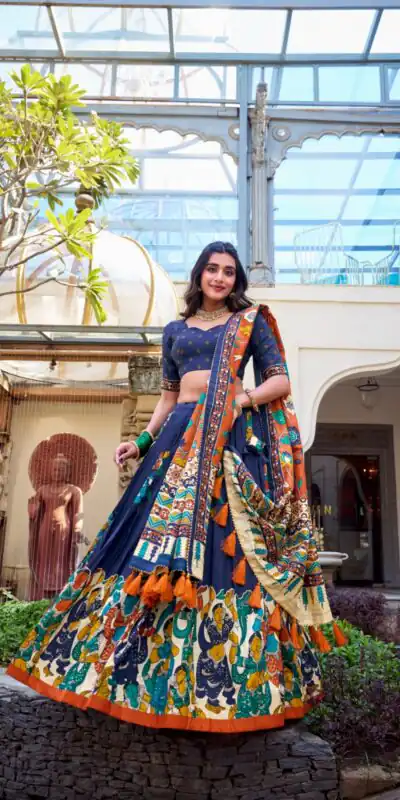 LNB 1236 Navy Blue Color Tasar Silk Kalamkari Print With Foil Work Lehenga Choli Wedding, Party, Festive, Events Etc. Delivery 4-6 Working Days Rs 2449 | Lehenga, Bollywood Lehenga, Creative Lehenga, Designer Lehenga, Embroidered Lehenga, Party Wear Lehenga