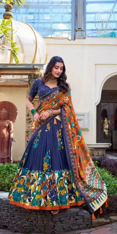 LNB 1236 Navy Blue Color Tasar Silk Kalamkari Print With Foil Work Lehenga Choli Wedding, Party, Festive, Events Etc. Delivery 4-6 Working Days Rs 2449 | Lehenga, Bollywood Lehenga, Creative Lehenga, Designer Lehenga, Embroidered Lehenga, Party Wear Lehenga