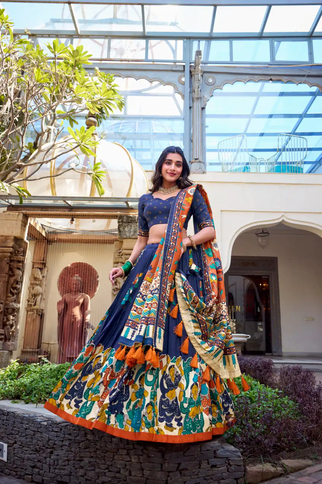 LNB 1236 Navy Blue Color Tasar Silk Kalamkari Print With Foil Work Lehenga Choli Wedding, Party, Festive, Events Etc. Delivery 4-6 Working Days Rs 2449 | Lehenga, Bollywood Lehenga, Creative Lehenga, Designer Lehenga, Embroidered Lehenga, Party Wear Lehenga