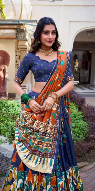 LNB 1236 Navy Blue Color Tasar Silk Kalamkari Print With Foil Work Lehenga Choli Wedding, Party, Festive, Events Etc. Delivery 4-6 Working Days Rs 2449 | Lehenga, Bollywood Lehenga, Creative Lehenga, Designer Lehenga, Embroidered Lehenga, Party Wear Lehenga