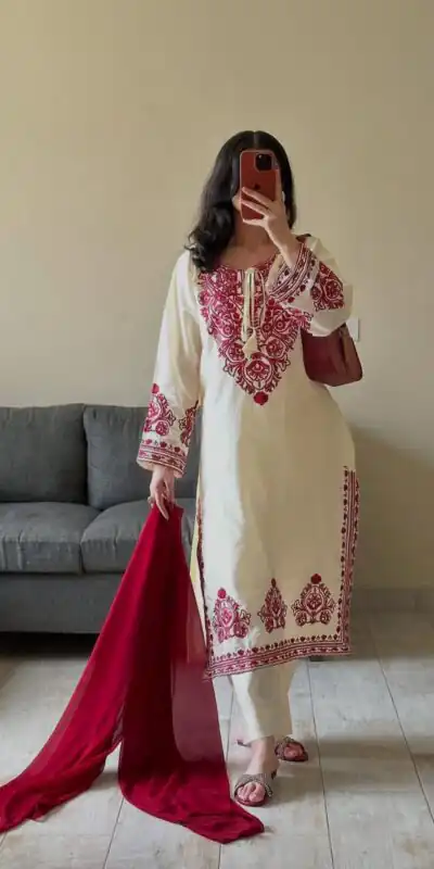 BE 386 Off White Color Roman Silk Embroidery Work Salwar Suit Casual, Wedding, Festive, Events . Expected Delivery  4-6 Working Days @1899/- only      | Jump Suits, Salwar suit, Designer Suits, Casual Suits, Creative suits, Palazzo Suits, Party Wear Suits, Patiala Suits, Straight Suits