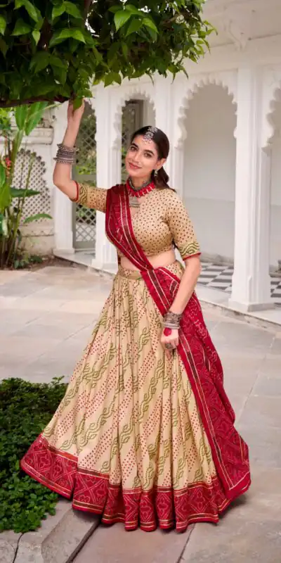 LNB 1250 Off White Color Tasar Silk Bandhej Print With Gotta Patti Lace Lehenga Choli Festive Party Wedding, Events etc. Delivery 4-6 Working Days @2149/- | Lehenga, Bollywood Lehenga, Creative Lehenga, Designer Lehenga, Embroidered Lehenga, Party Wear Lehenga