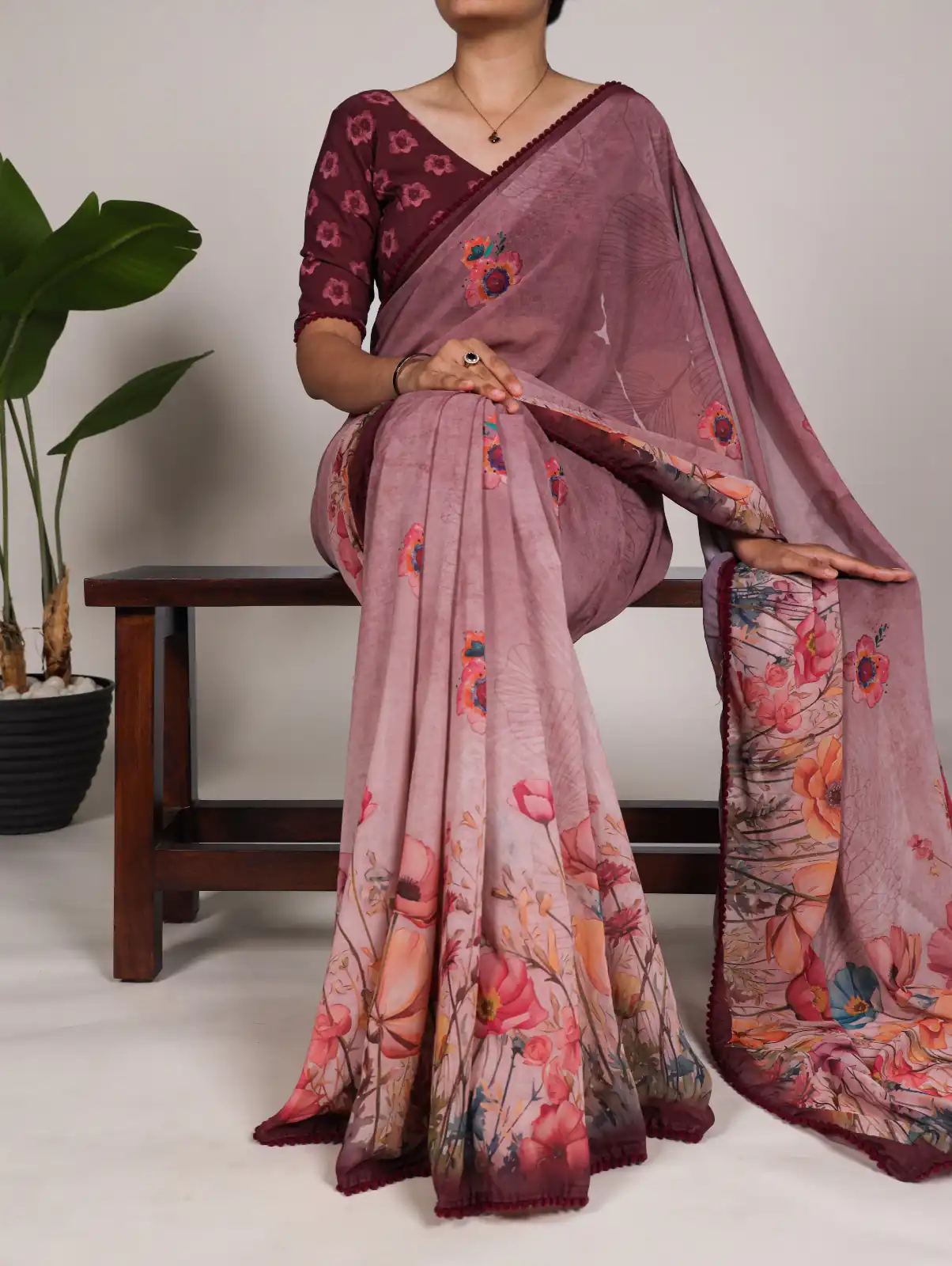 YNF 7009 Onion Color Georgette Floral Print With Lace Border Saree Casual, Wedding, Festive, Events . Expected Delivery  4-6 Working Days @1299/- only                                                                                | Sarees, Bollywood Sarees, Creative Sarees, Designer Sarees, Embroidered Sarees, Ethnic Saree, Modern Digital sarees, Party Wear Sarees