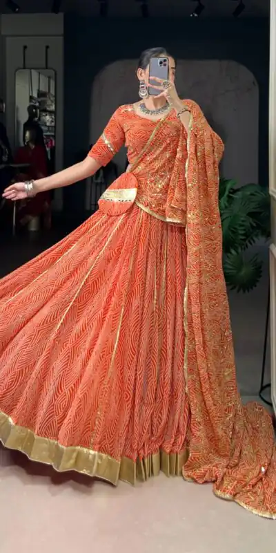 LNB 1701 Orange Color Georgette Bandhej Print And Embossed Lace Lehenga Choli Wedding, Party, Festive, Events Etc. Delivery 4-6 Working Days Rs 3999 | Lehenga, Bollywood Lehenga, Creative Lehenga, Designer Lehenga, Embroidered Lehenga, Party Wear Lehenga