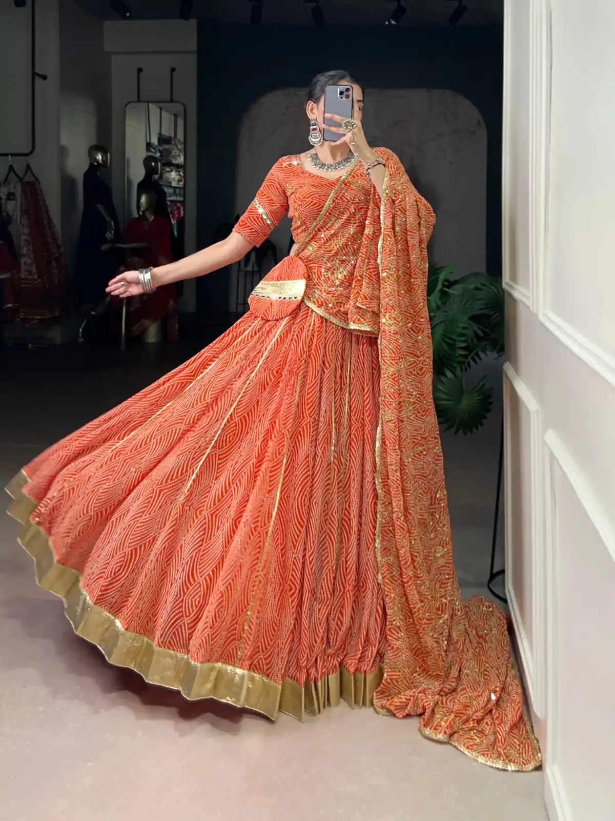 LNB 1701 Orange Color Georgette Bandhej Print And Embossed Lace Lehenga Choli Wedding, Party, Festive, Events Etc. Delivery 4-6 Working Days Rs 3999 | Lehenga, Bollywood Lehenga, Creative Lehenga, Designer Lehenga, Embroidered Lehenga, Party Wear Lehenga