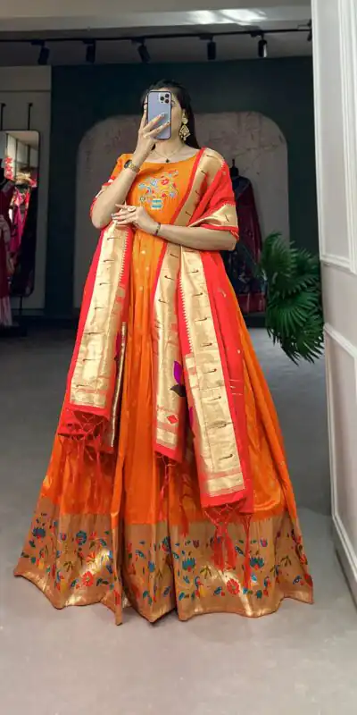 YNF 5302 Orange Color Jacquard Silk Paithani Designer Gown Casual, Wedding Festive, Events, Designer Party Wear Expected Delivery 4-6 Working Days @2549 | Gowns, Bollywood Gowns, Creative Gowns, Designer Gowns, Embroidered Gowns, Party Wear Gowns