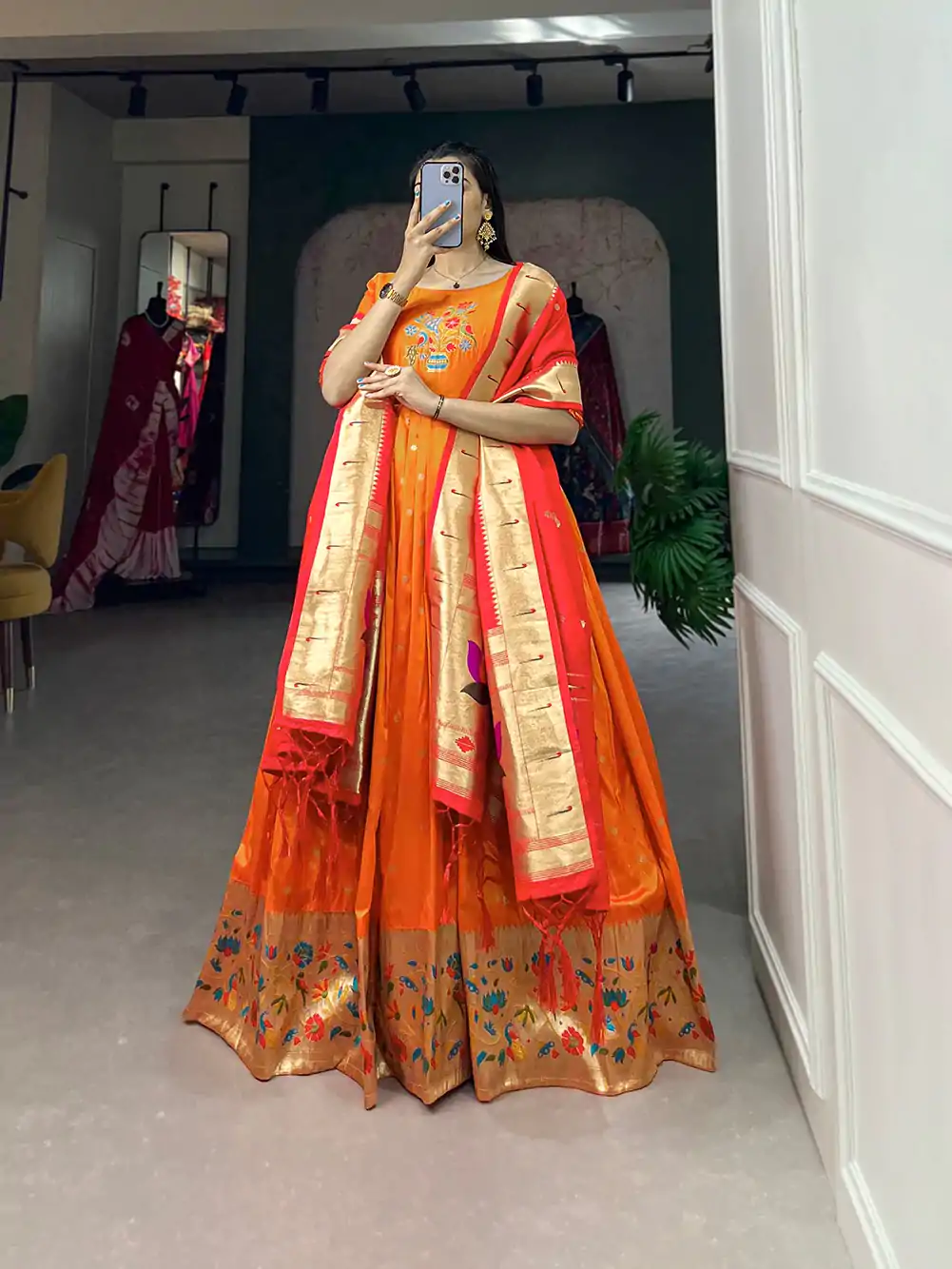 YNF 5302 Orange Color Jacquard Silk Paithani Designer Gown Casual, Wedding Festive, Events, Designer Party Wear Expected Delivery 4-6 Working Days @2549 | Gowns, Bollywood Gowns, Creative Gowns, Designer Gowns, Embroidered Gowns, Party Wear Gowns