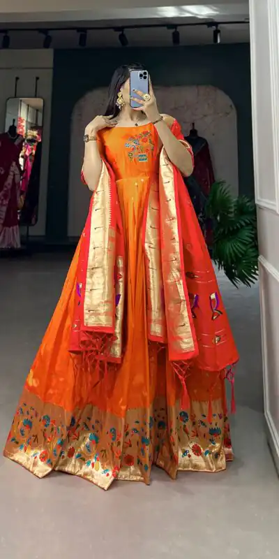 YNF 5302 Orange Color Jacquard Silk Paithani Designer Gown Casual, Wedding Festive, Events, Designer Party Wear Expected Delivery 4-6 Working Days @2549 | Gowns, Bollywood Gowns, Creative Gowns, Designer Gowns, Embroidered Gowns, Party Wear Gowns