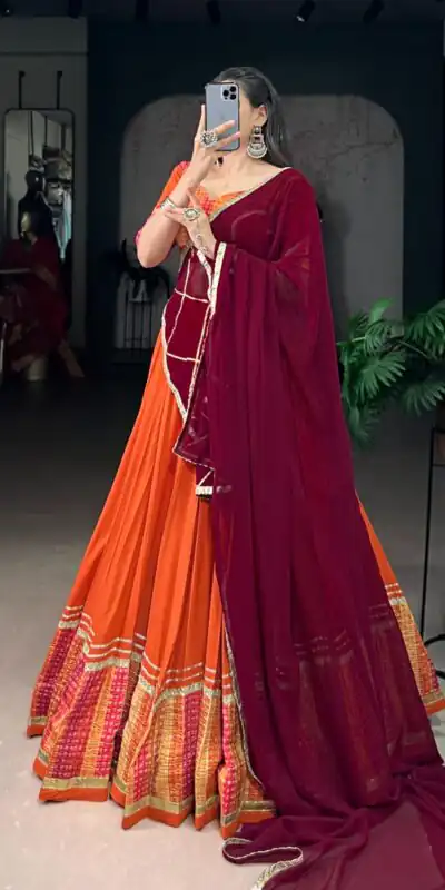 LNB 1634 Orange Color Pure Rayon Bandhej Print Sequins Lace Boarder Lehenga Choli Wedding, Party, Festive, Events Etc. Delivery 4-6 Working Days Rs 3199 | Lehenga, Bollywood Lehenga, Creative Lehenga, Designer Lehenga, Embroidered Lehenga, Party Wear Lehenga