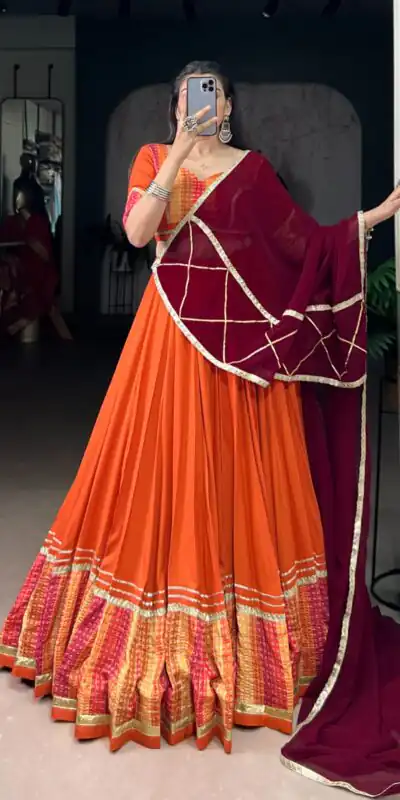 LNB 1634 Orange Color Pure Rayon Bandhej Print Sequins Lace Boarder Lehenga Choli Wedding, Party, Festive, Events Etc. Delivery 4-6 Working Days Rs 3199 | Lehenga, Bollywood Lehenga, Creative Lehenga, Designer Lehenga, Embroidered Lehenga, Party Wear Lehenga