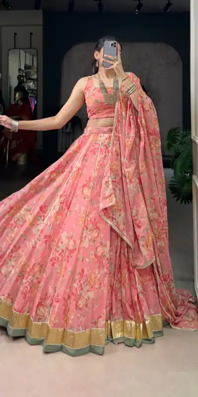 LNB 1672 Peach Color Chiffon Floral Print Foil Print Embossed Design Lehenga Choli Wedding, Party, Festive, Events Etc. Delivery 4-6 Working Days Rs 3099 | Lehenga, Bollywood Lehenga, Creative Lehenga, Designer Lehenga, Embroidered Lehenga, Party Wear Lehenga