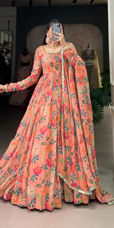 YNF 5010 Peach Color Georgette Floral Print With Lace Touch Up Gown Casual, Wedding, Festive, Events . Expected Delivery  4-6 Working Days @1849/- only      | Gowns, Bollywood Gowns, Creative Gowns, Designer Gowns, Embroidered Gowns, Party Wear Gowns