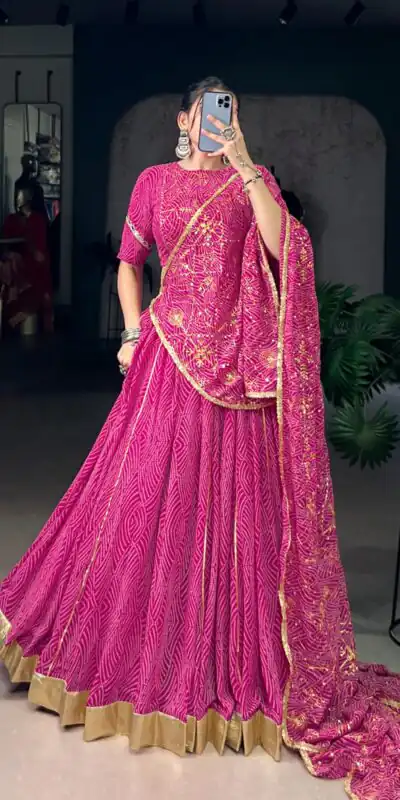 LNB 1701 Pink Color Georgette Bandhej Print And Embossed Lace Lehenga Choli Wedding, Party, Festive, Events Etc. Delivery 4-6 Working Days Rs 3999 | Lehenga, Bollywood Lehenga, Creative Lehenga, Designer Lehenga, Embroidered Lehenga, Party Wear Lehenga