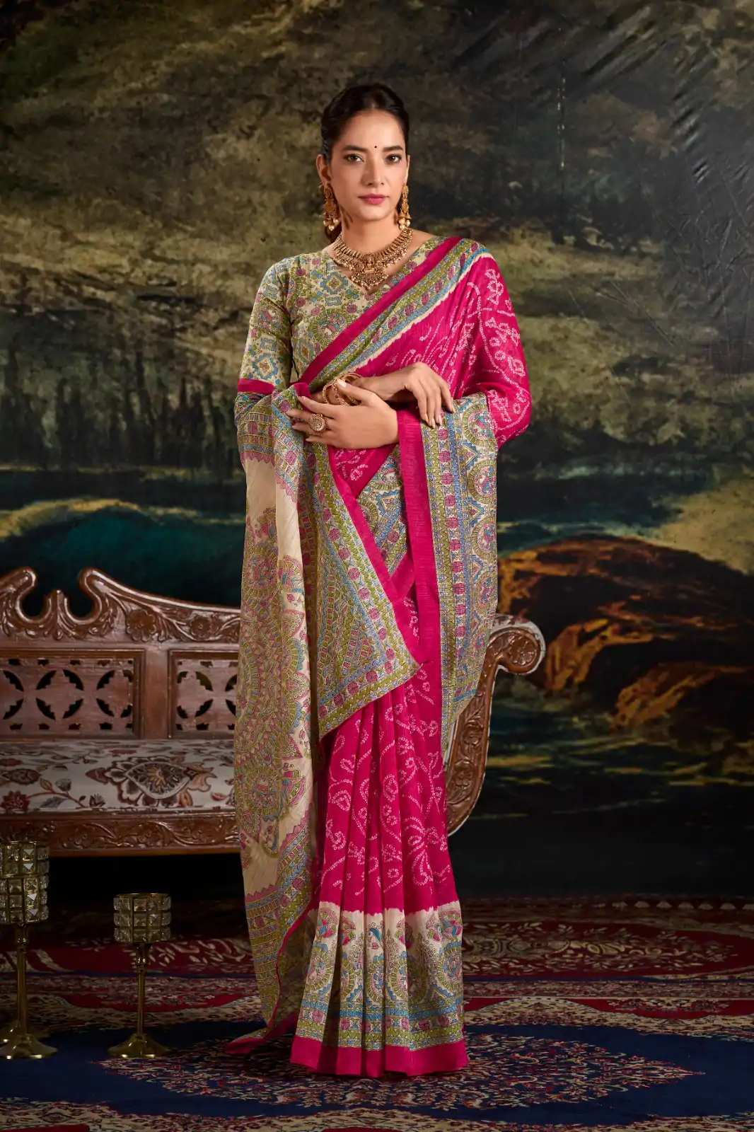 YNF 7209 Pink Color Green Silk Fusion Print Madhubani Bandhej Saree Casual, Wedding, Festive, Events . Expected Delivery  4-6 Working Days @1499/- only                                                                                | Sarees, Bollywood Sarees, Creative Sarees, Designer Sarees, Embroidered Sarees, Ethnic Saree, Modern Digital sarees, Party Wear Sarees