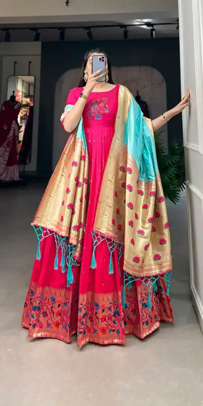 YNF 5302 Pink Color Jacquard Silk Paithani Designer Gown Casual, Wedding, Festive, Events, Designer Party Wear,  Expected Delivery 4-6 Working Days @2549 | Gowns, Bollywood Gowns, Creative Gowns, Designer Gowns, Embroidered Gowns, Party Wear Gowns