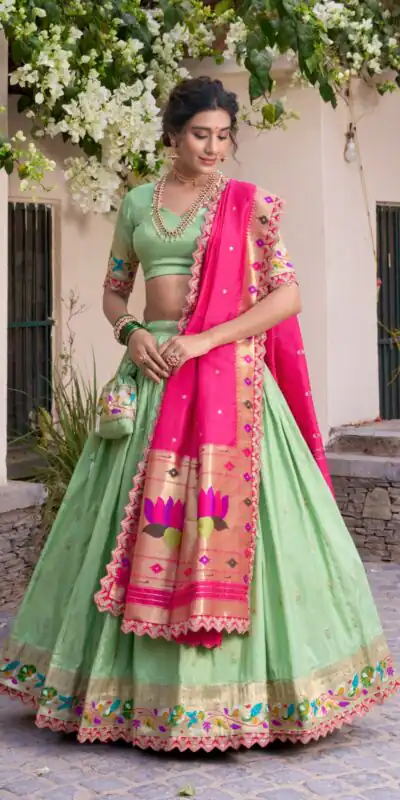 LNB 2014 Pista Color Jacquard Silk Zari Work Sequins Thread Embroidery Lehenga Choli Wedding, Party, Festive, Events Etc. Delivery 4-6 Working Days Rs 3749 | Lehenga, Bollywood Lehenga, Creative Lehenga, Designer Lehenga, Embroidered Lehenga, Party Wear Lehenga